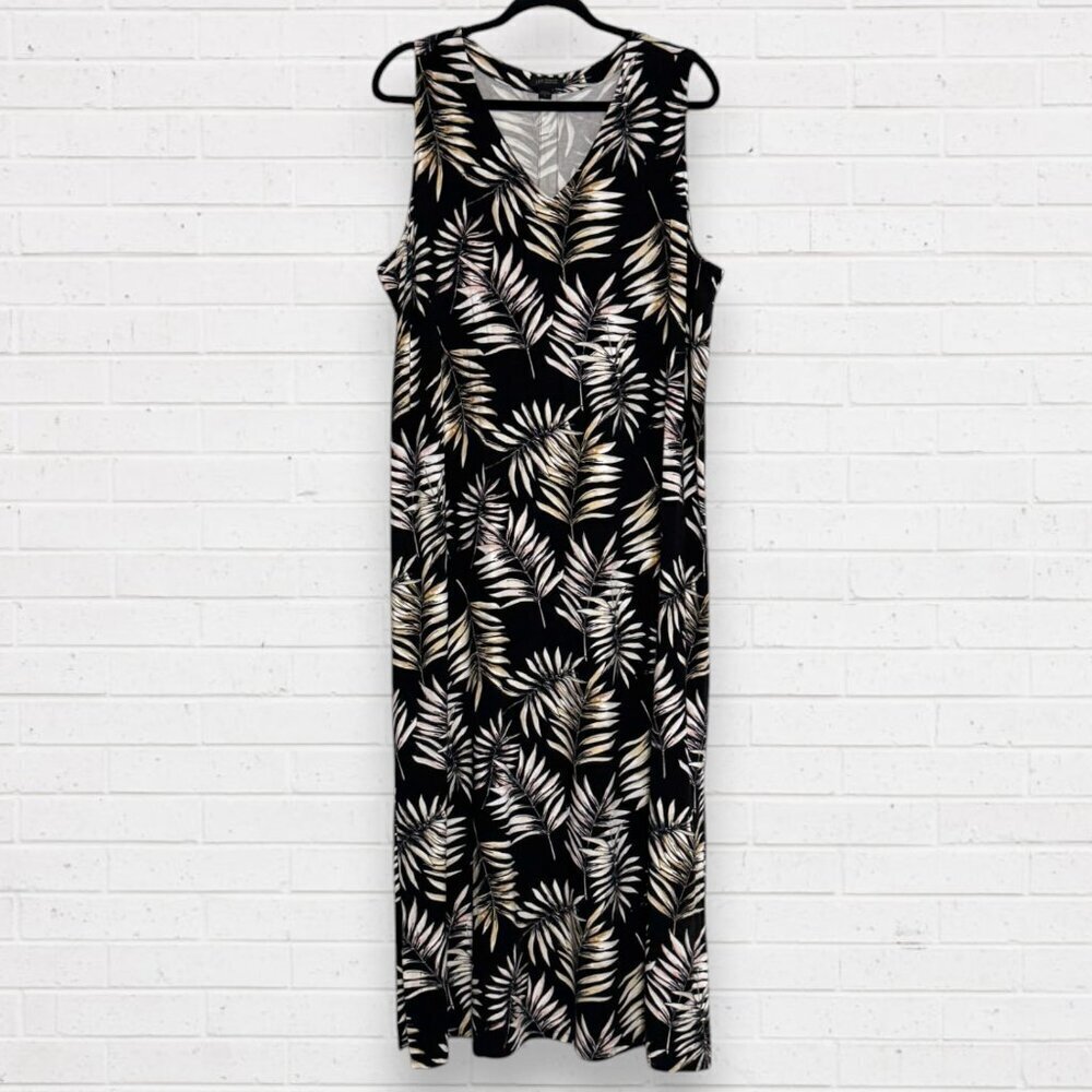 J JILL Wherever Sleeveless V-Neck Maxi Dress Black Beige Leaf Print Pattern XL